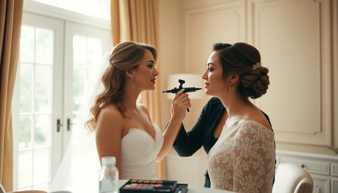 Applying wedding airbrush makeup Dallas to a bride in an elegant setting.