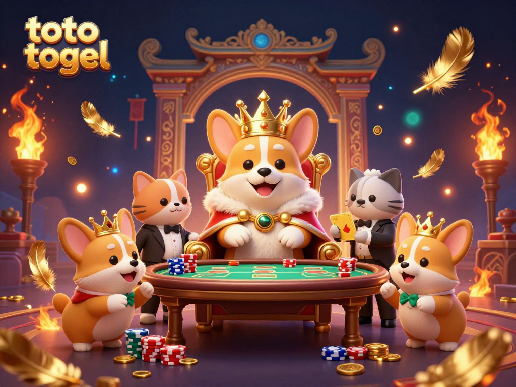 Engage with the excitement of toto togel at a vibrant online casino scene featuring crowned corgi royalty.