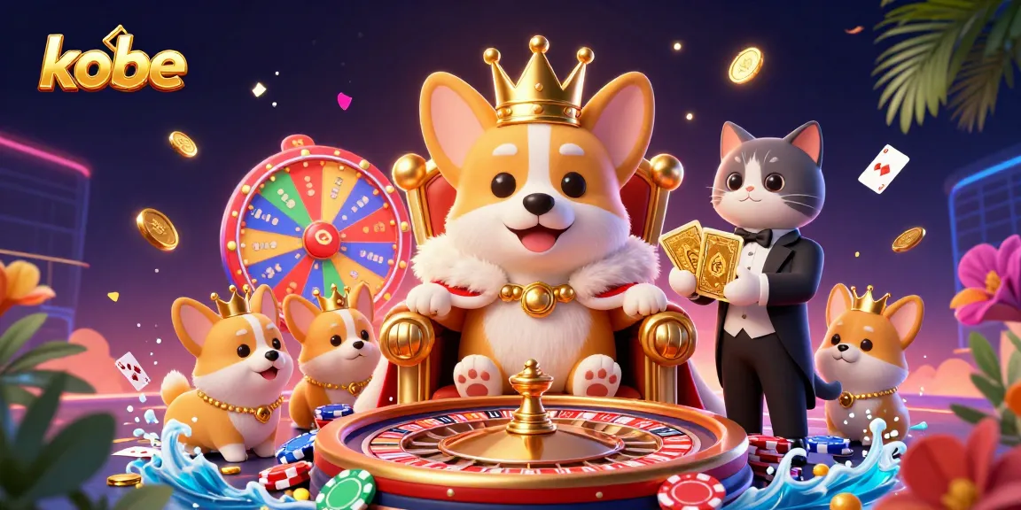 Kobe captures excitement with a royal corgi and cat butler amid dynamic casino action.
