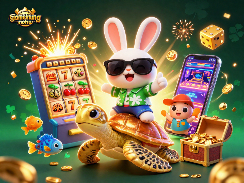 Experience fun wins with gamethuongnohu featuring a lucky rabbit and golden turtle in a vibrant casino scene.
