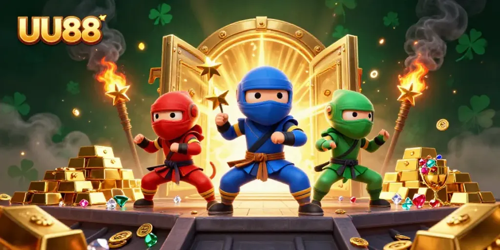 Experience thrilling gaming action with UU88's ninja chameleon trio surrounded by treasures.