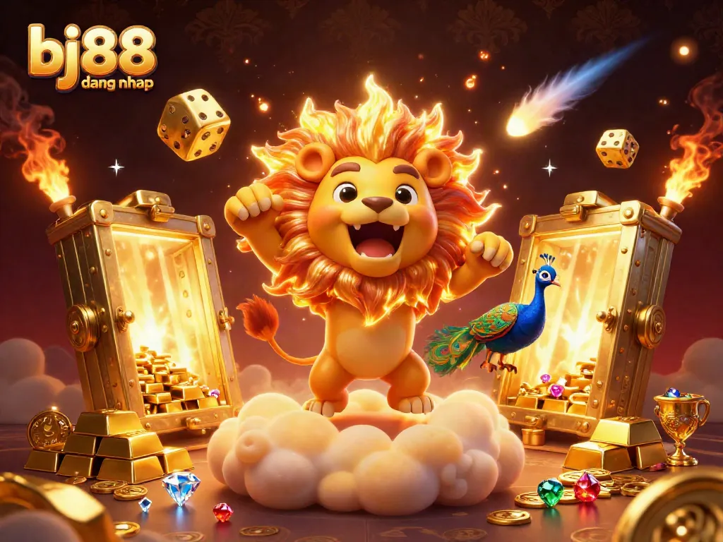 BJ88 dang nhap showcases vibrant 3D cartoon elements of casino features, including golden sun lion and sparkling jewels, perfect for engaging online gaming.