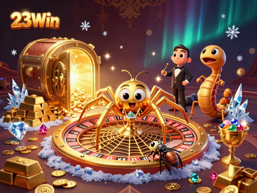 Experience thrilling bets at 23Win with a golden roulette web and animated characters.