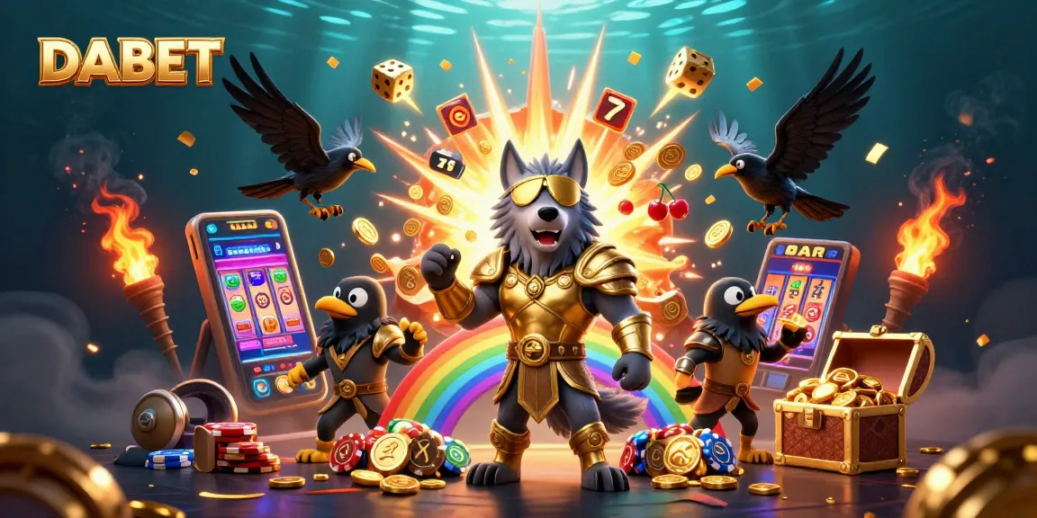 DABET showcases a vibrant casino scene featuring Odin's wolf and ravens amidst a slot machine jackpot explosion.