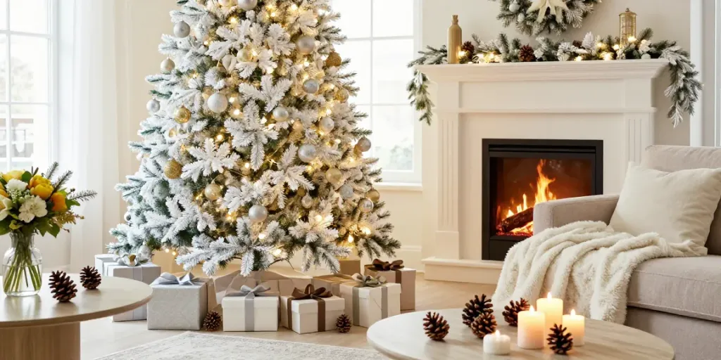Beautifully decorated artificial white Xmas trees in a festive living room, creating a cozy holiday atmosphere.