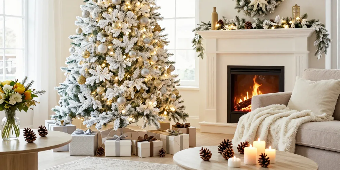 Beautifully decorated artificial white Xmas trees in a festive living room, creating a cozy holiday atmosphere.