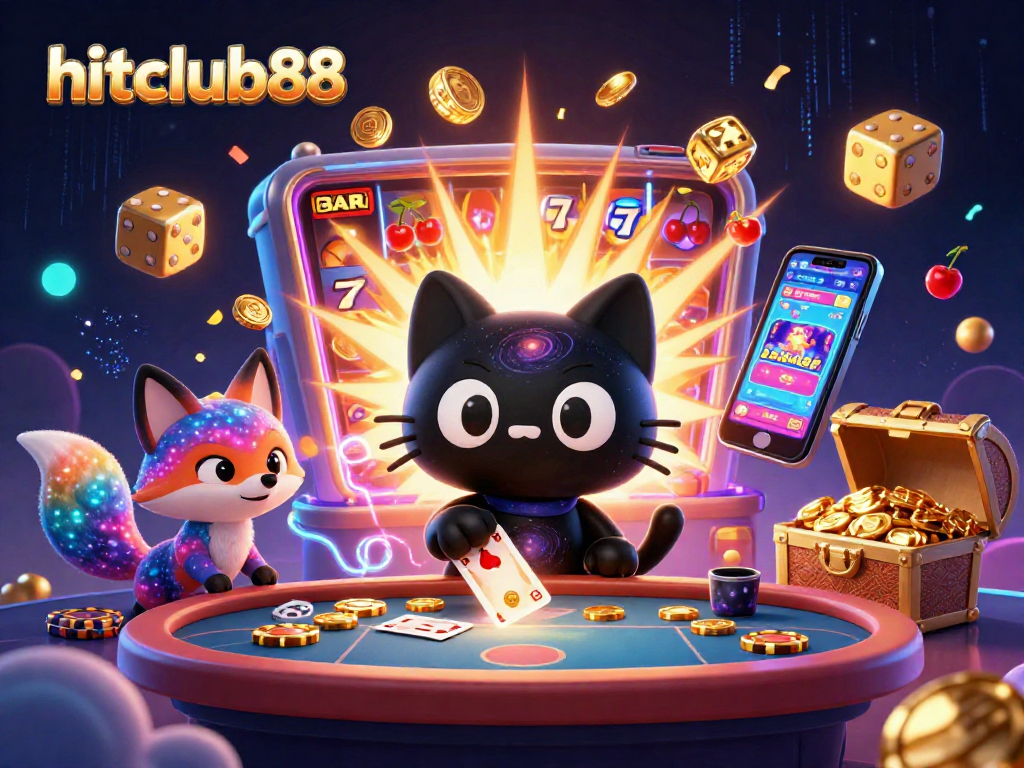 Experience hitclub88 excitement with a cosmic casino scene featuring a black hole cat and vibrant slot elements.