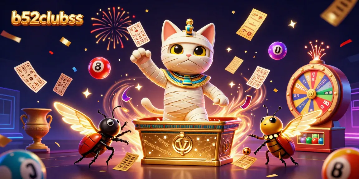 Engage in thrilling gameplay at b52clubss with a vibrant casino scene featuring a mummy cat, gold elements, and dynamic games.
