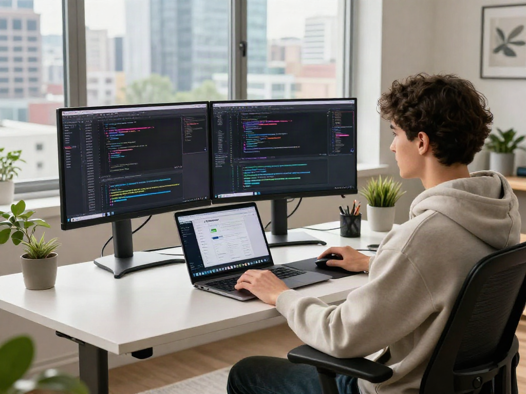 Pikashow apk download in a modern tech workspace showcasing a developer coding on dual monitors.