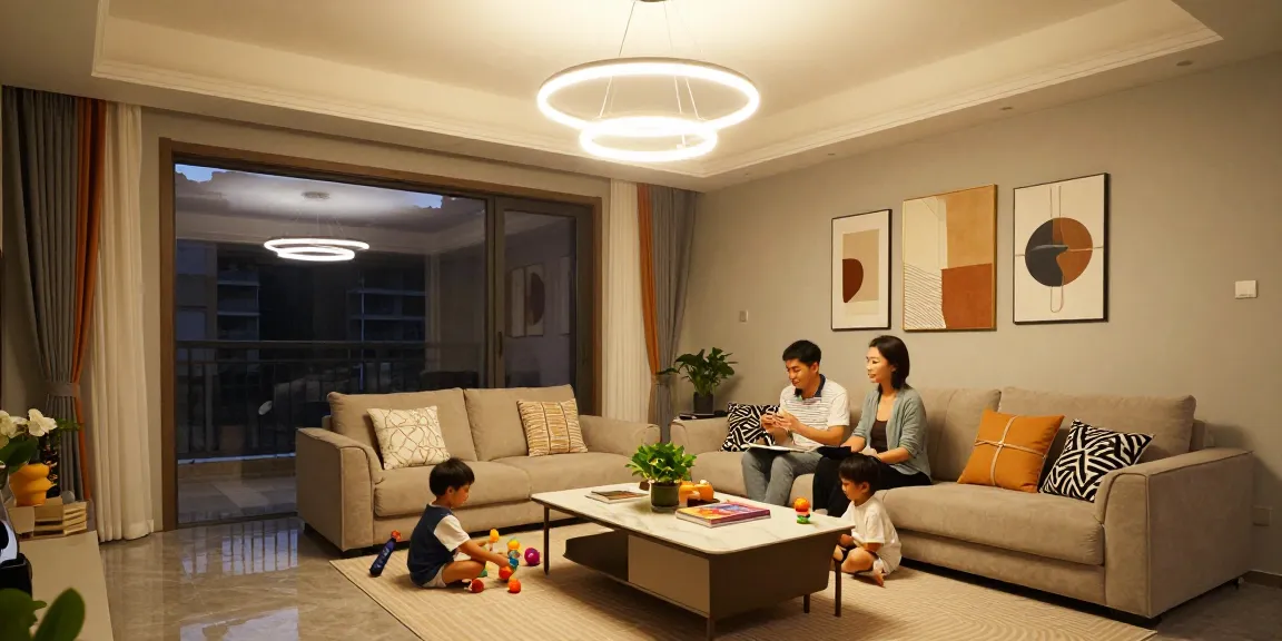 Lustre LED moderne care iluminează un living primitor, familia se bucură de seara împreună