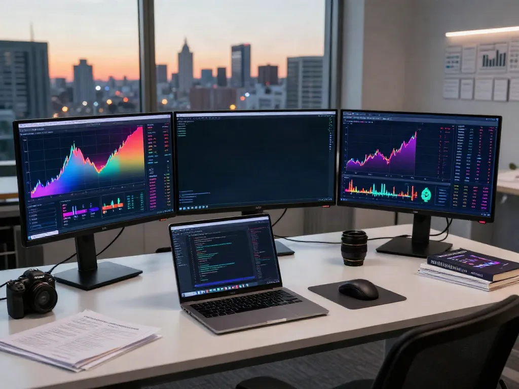 market data API for quantitative trading interface on multiple monitors in a professional cryptocurrency trading workspace