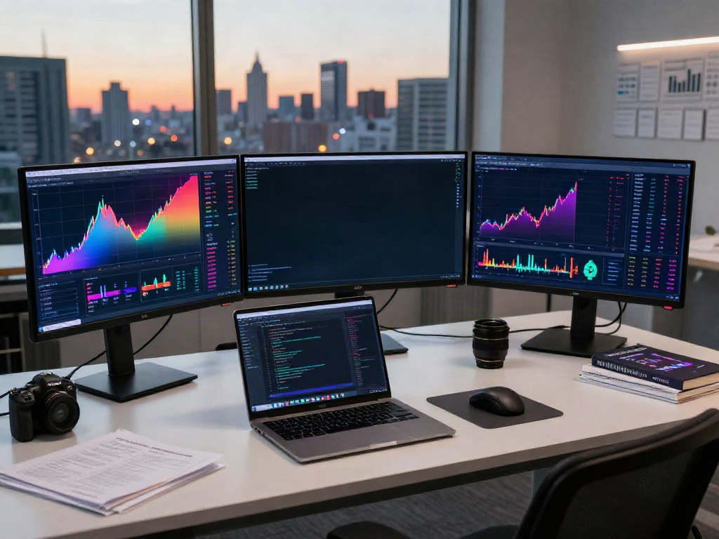 market data API for quantitative trading interface on multiple monitors in a professional cryptocurrency trading workspace