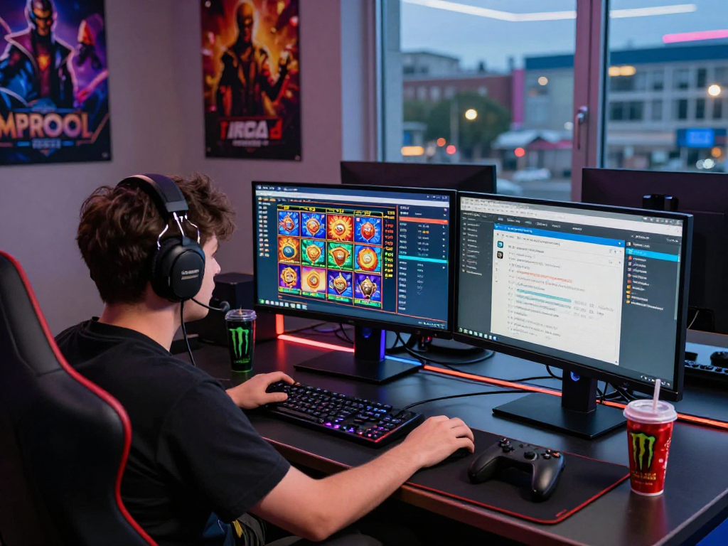 Engaging MPOCASH gaming portal scene showcasing an intense gamer immersed in vibrant slot games and real-time RTP statistics, reflecting the excitement of online betting.