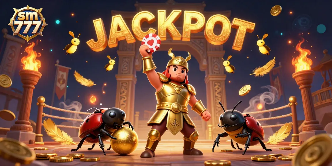 Engage with the vibrant sm 777 scene showcasing a hercules beetle and dung beetle in an exciting casino atmosphere.