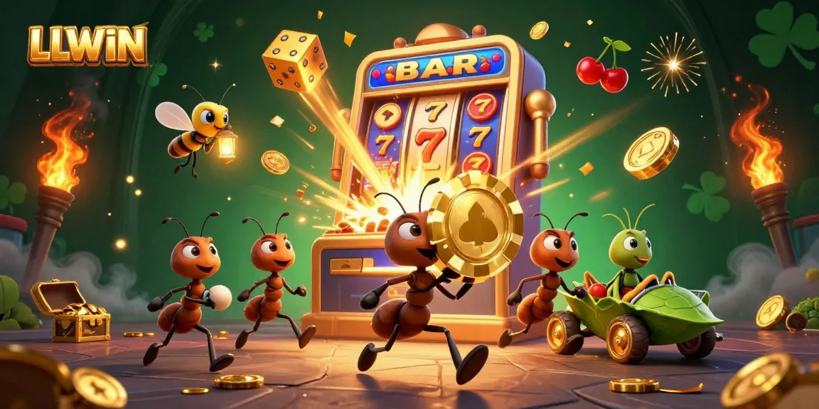 Experience LLWIN with a thrilling heist scene featuring a team of ants carrying a golden poker chip in a vibrant casino.