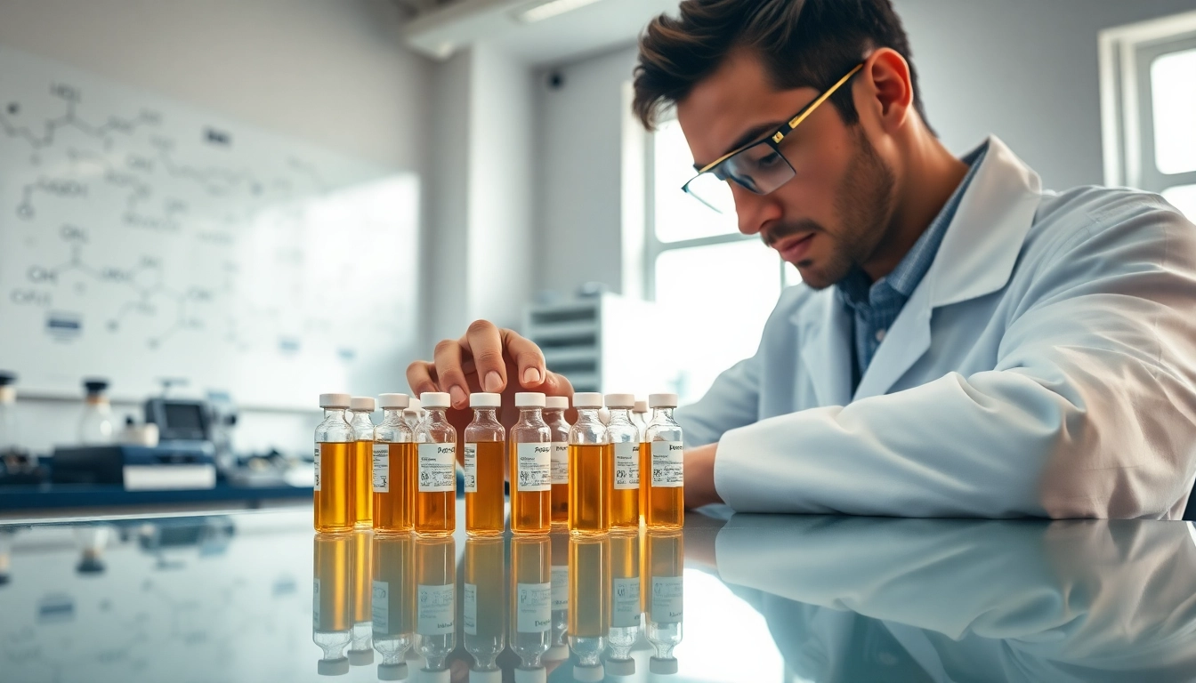 Buy research peptides showcased in a lab with a scientist analyzing vials.
