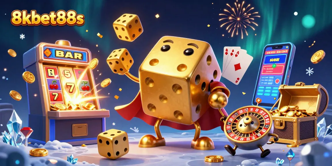Engage with 8kbet88s in a vibrant casino scene featuring active games and golden rewards.