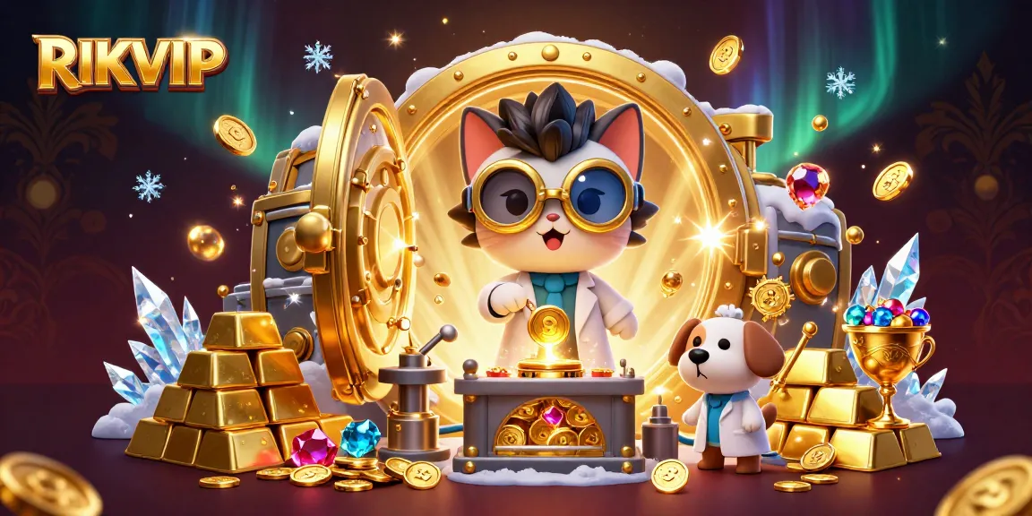Engage in thrilling jackpots at RIKVIP with dynamic 3D casino illustration featuring mad scientist and loyal assistant.
