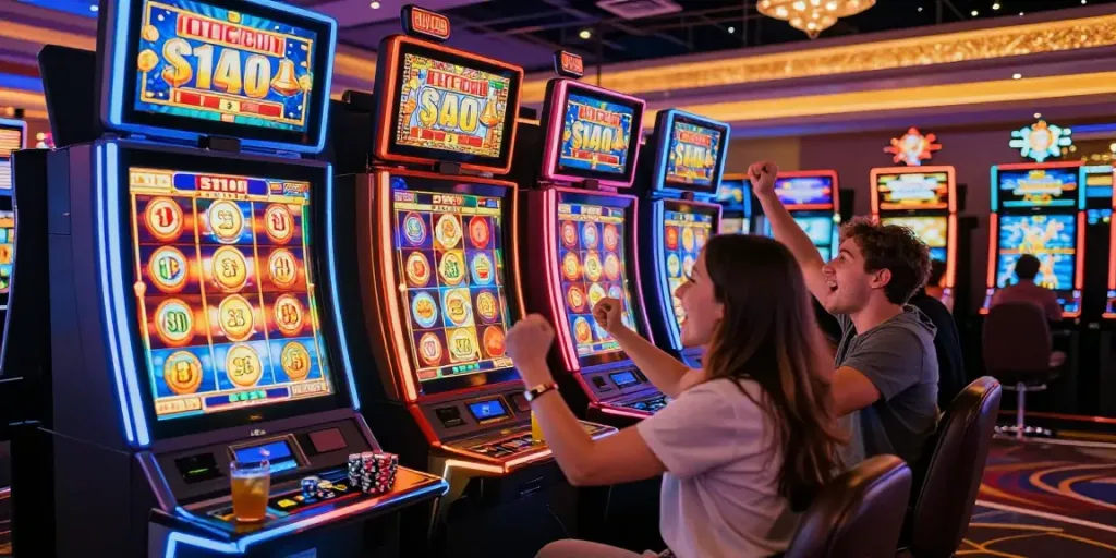 Excited players celebrating a slot jackpot win at vibrant casino.