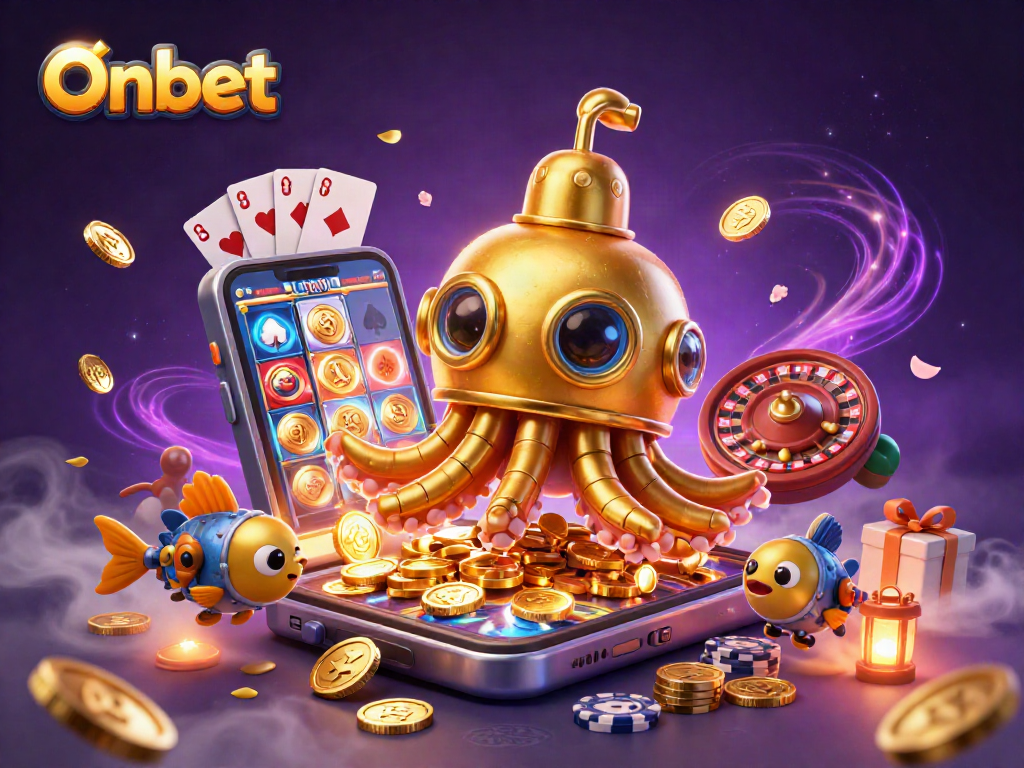 Onbet showcases a 3D kraken submarine in a vibrant casino scene filled with games and gold.