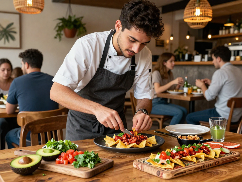 Delicious best tapas tortilla chips con chorizo served in a vibrant restaurant setting.
