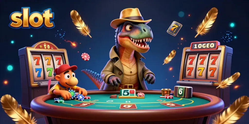 Sebuah ilustrasi 3D tentang slot yang menampilkan velociraptor bermain di meja blackjack dengan suasana penuh detail yang menarik
