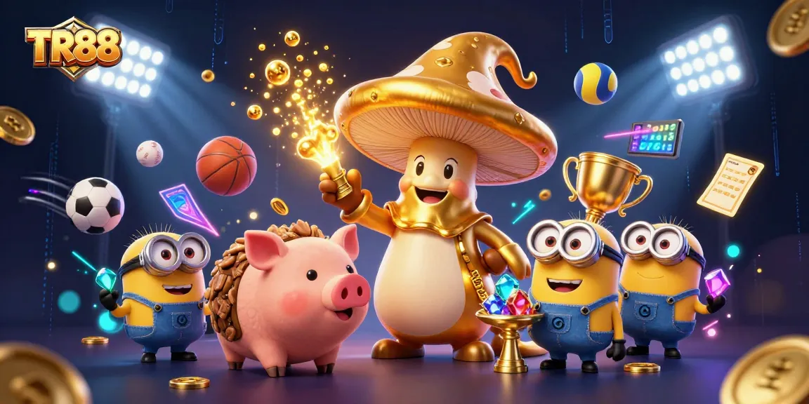 TR88 promotes winning strategies with a vivid scene featuring a golden wizard and dynamic sports elements.