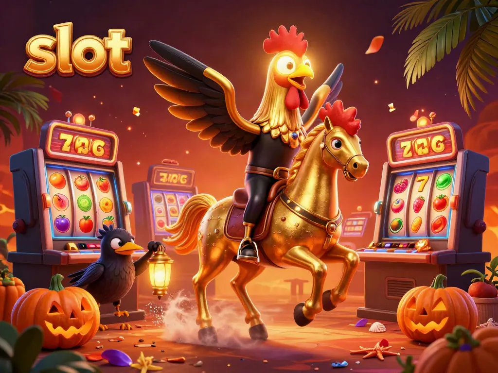 Slot permainan mendebarkan dengan karakter ayam jantan emas dan mesin slot berkilau.