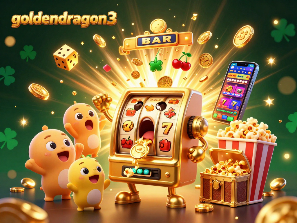Play goldendragon3 as a lively golden slot machine celebrates hitting a jackpot in a vibrant casino scene.