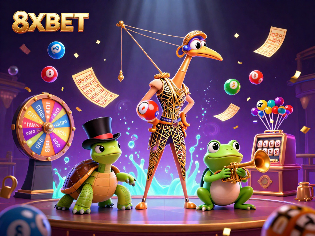 8XBET showcases vibrant lottery excitement with colorful balls and engaging characters in a dynamic casino setting.