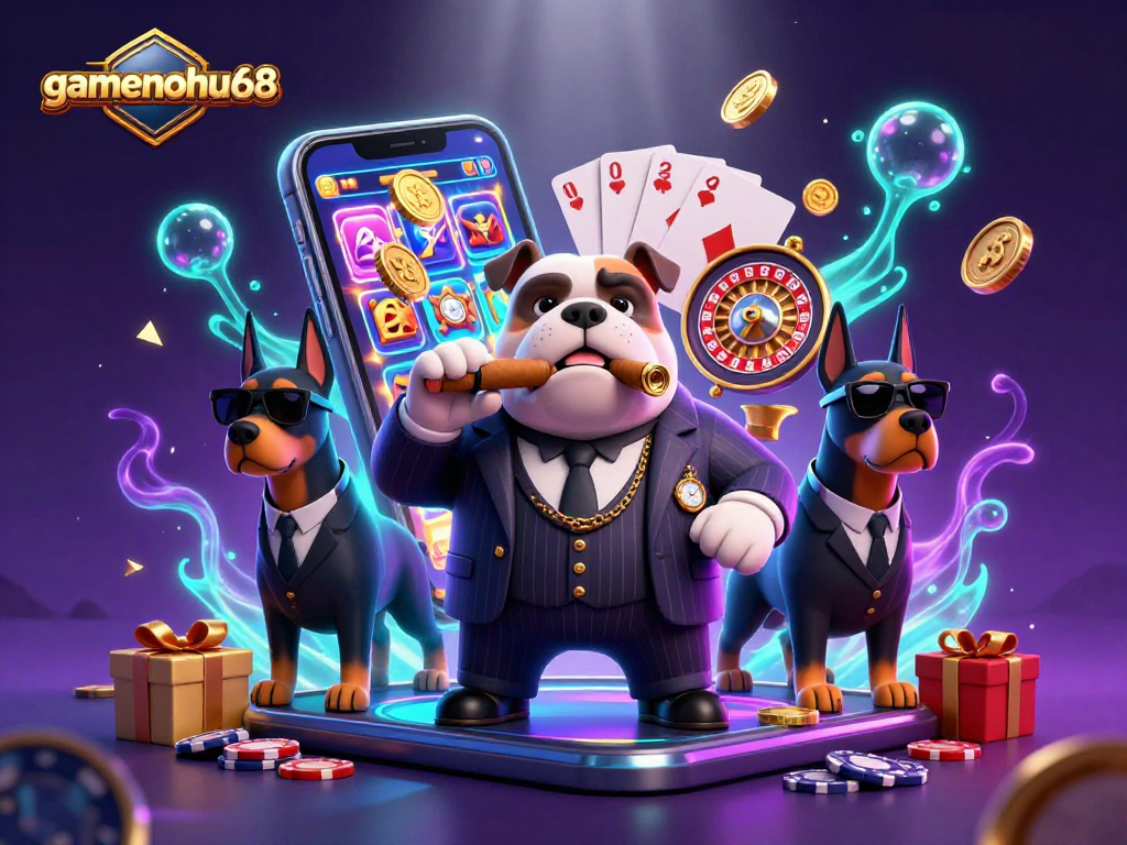 Experience the thrill with gamenohu68 in this vibrant casino scene featuring a mafia boss bulldog and lucrative slots!