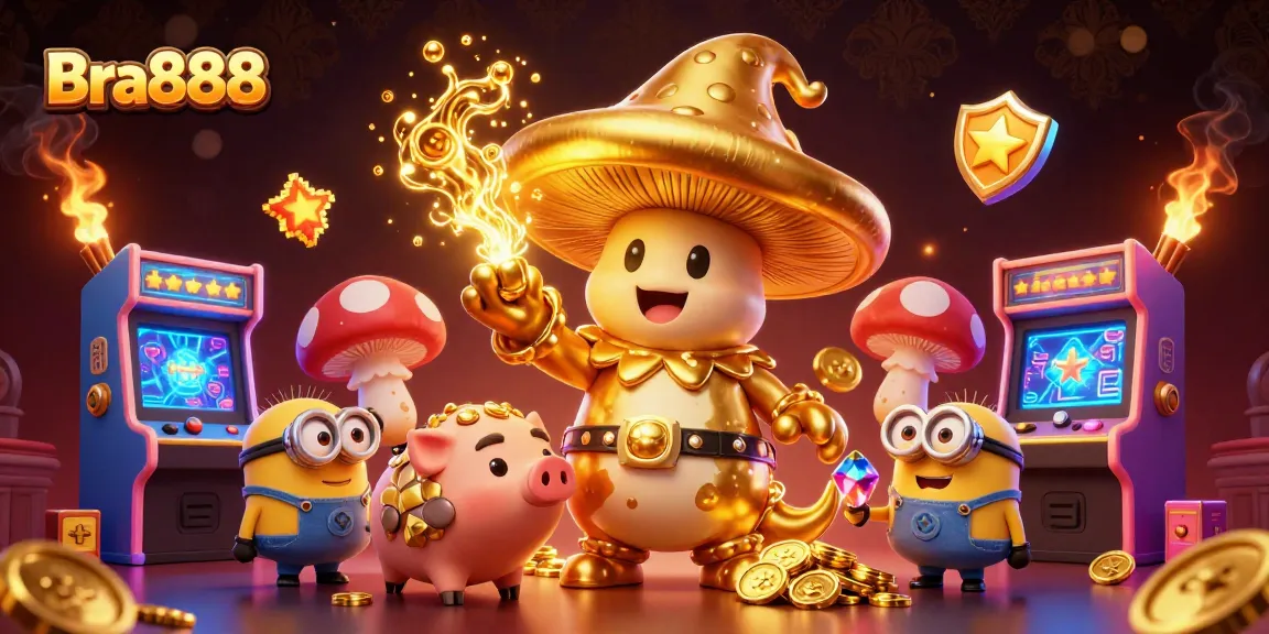Bra888 gaming scene featuring a golden mushroom wizard casting magic with arcade machines and glowing elements.
