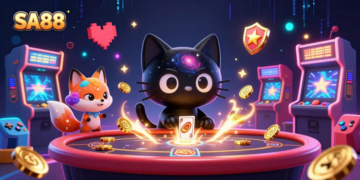 SA88 casino cat attracting chips and cards, featuring dynamic gambling elements and vibrant colors.