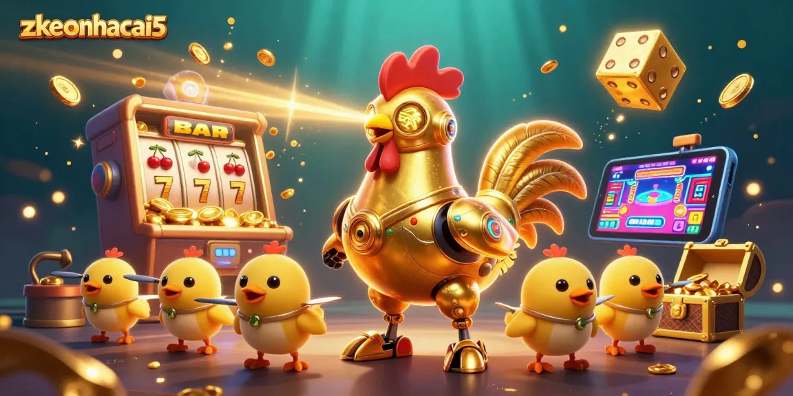 Watch the zkeonhacai5 jackpot unfold as the golden rooster robot shoots laser beams among vibrant casino elements.