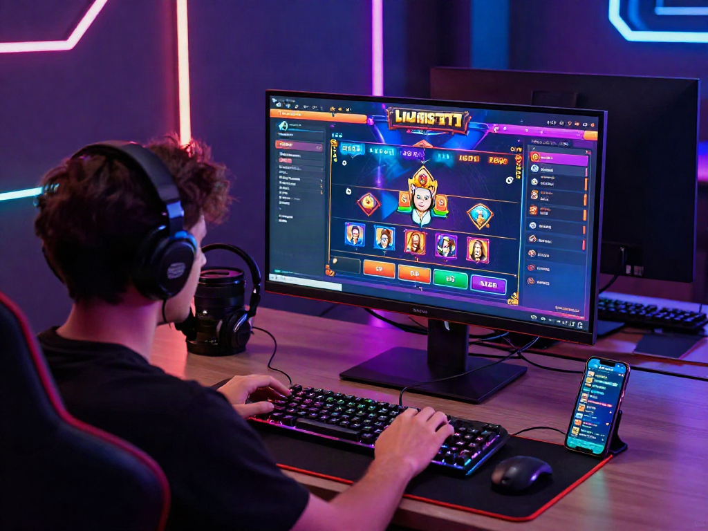 Seorang pemain bugistoto terlibat dalam permainan lotere online, dikelilingi oleh perangkat gaming modern dan suasana energi tinggi.
