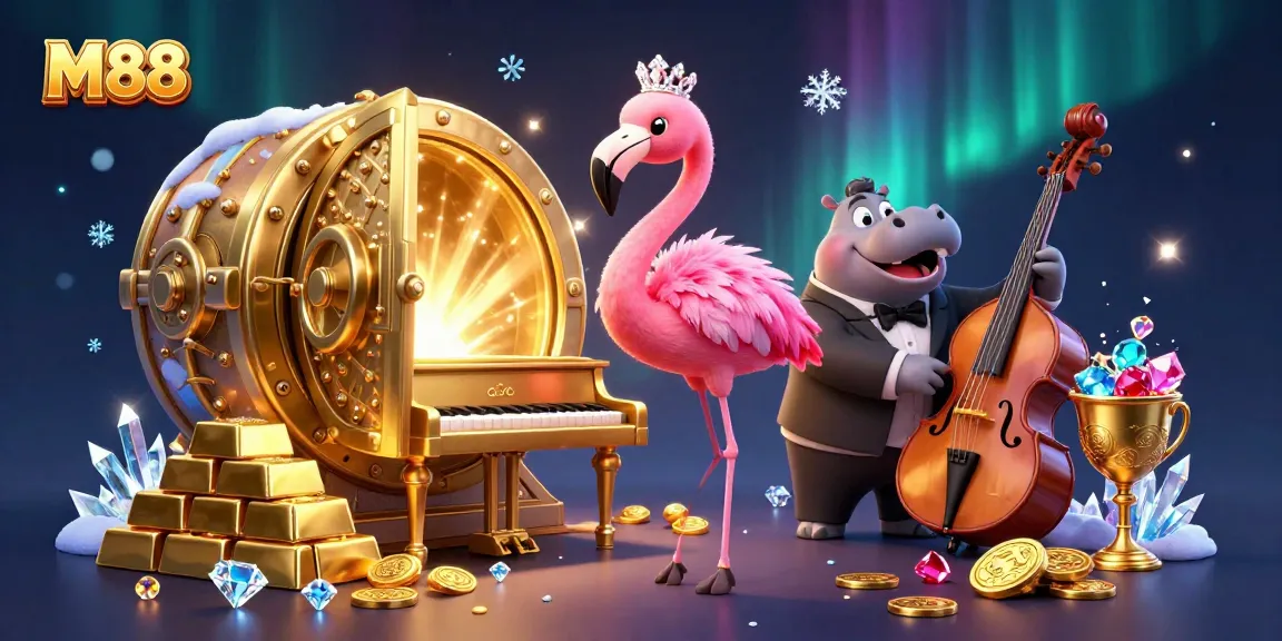 Experience M88's captivating casino scene with a flamingo singer and hippo bassist amidst dazzling treasures.