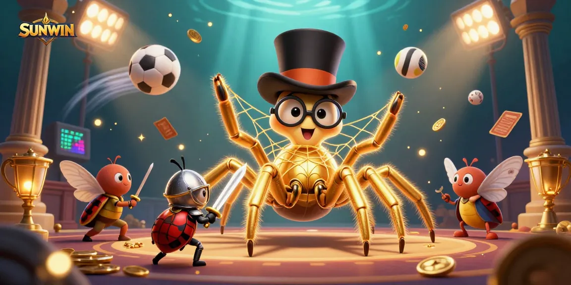 Experience the thrill of SUNWIN with a cinematic illustration of a golden tarantula and knight in a vibrant casino scene.