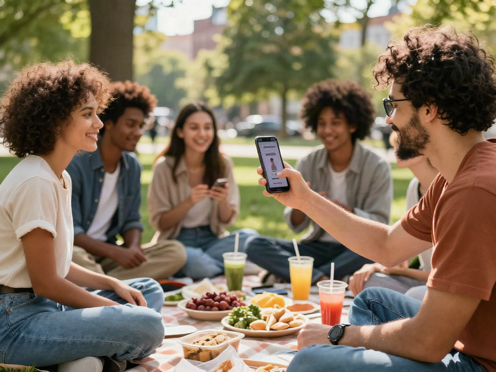 Group testing attractiveness outdoors, enjoying social interaction in a vibrant park setting.