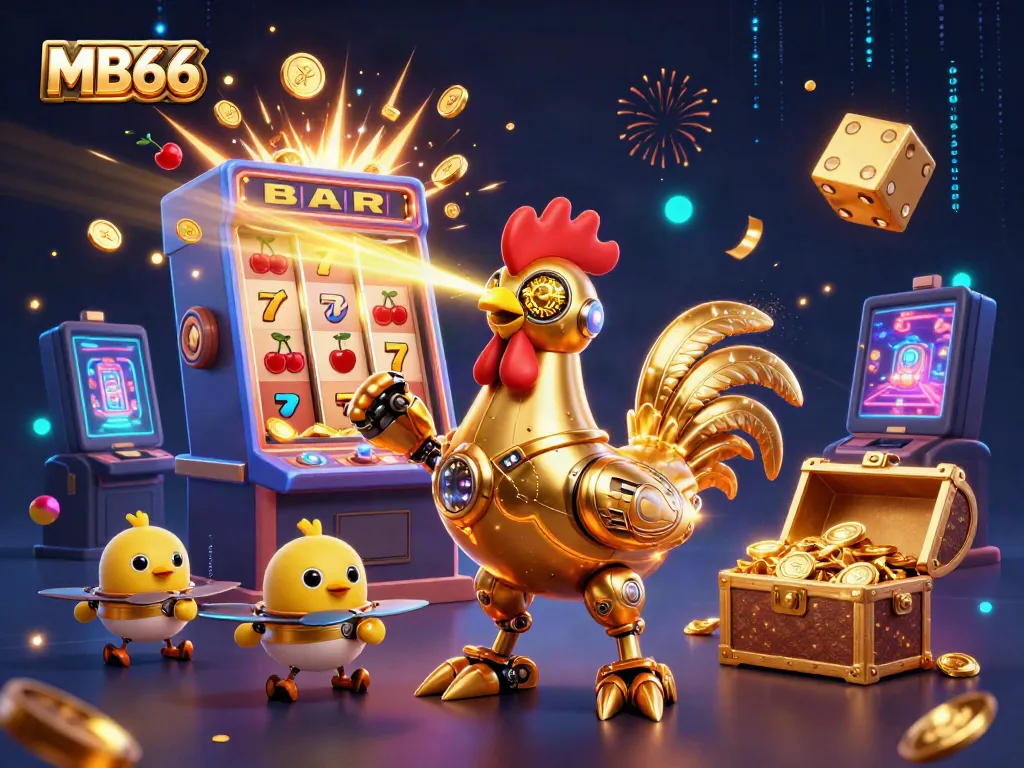 Experience an exciting MB66 casino moment, featuring golden rooster robot amidst dazzling slot machines and treasure!