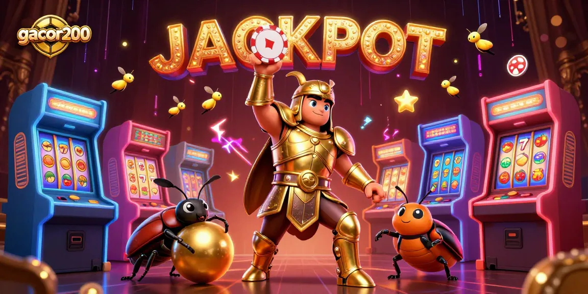 Memperoleh jackpot dengan gacor200, simbol permainan slot mengelilingi karakter yang menang.
