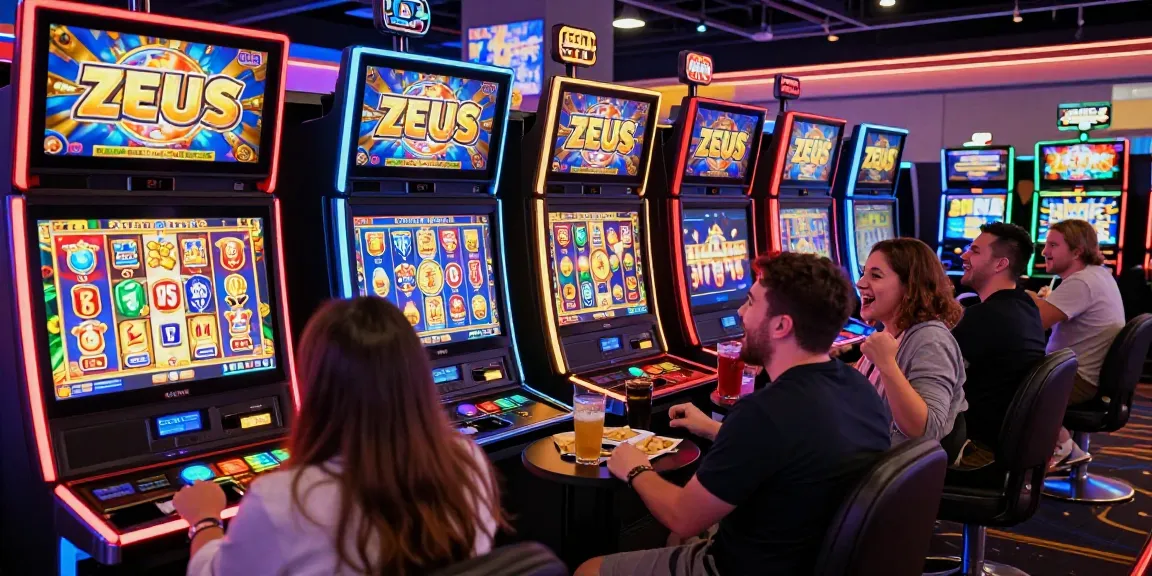 Players enjoying slot zeus at a lively casino, vibrant gaming atmosphere.