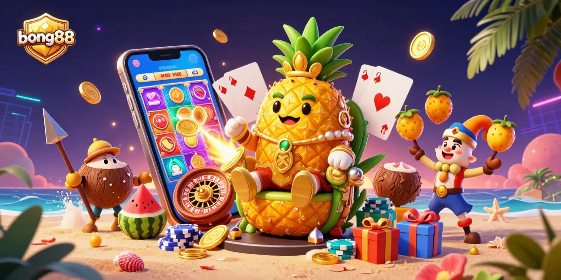 Experience casino thrills with bong88 featuring a golden pineapple king, adventure, and vibrant game elements.