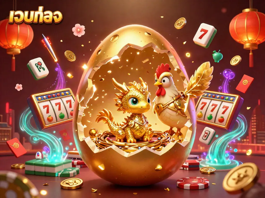 Engaging illustration showcasing a golden baby dragon and golden armored hen amidst slot reels, reflecting the essence of เว็บตรง gaming.