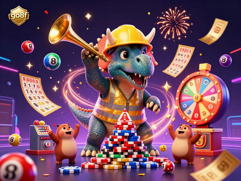 Engage in thrilling games at go8f with a vibrant and festive 3D casino scene full of excitement.