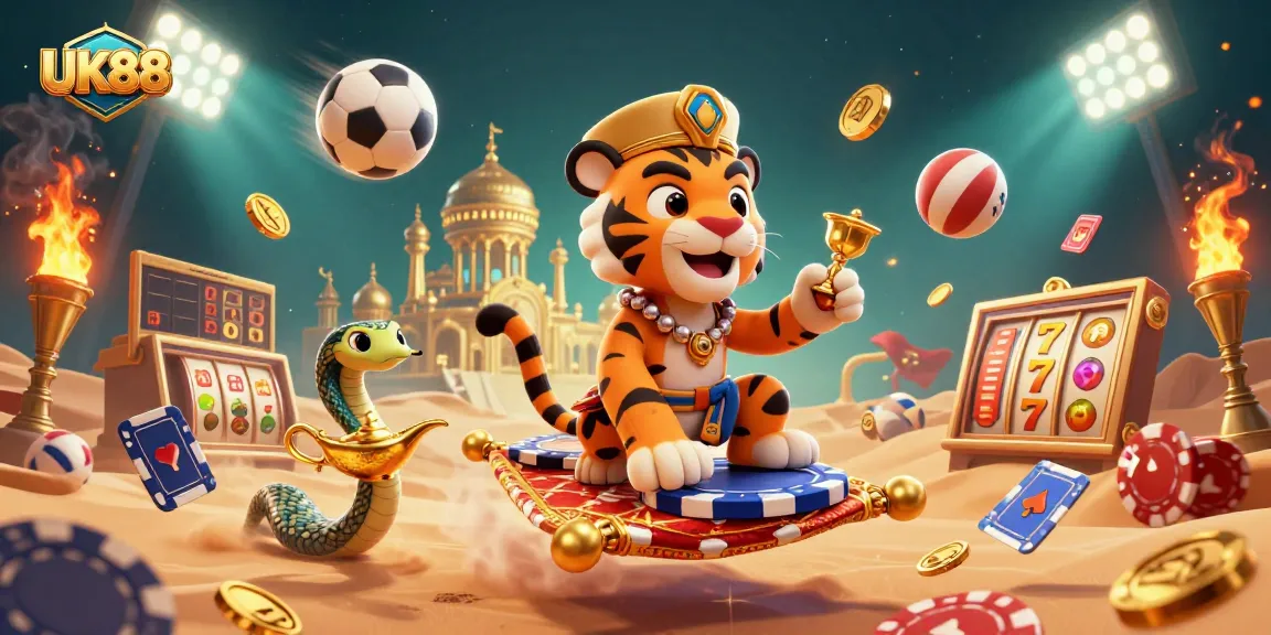 Win big with UK88 as a tiger sultan navigates a vibrant casino scene filled with action.