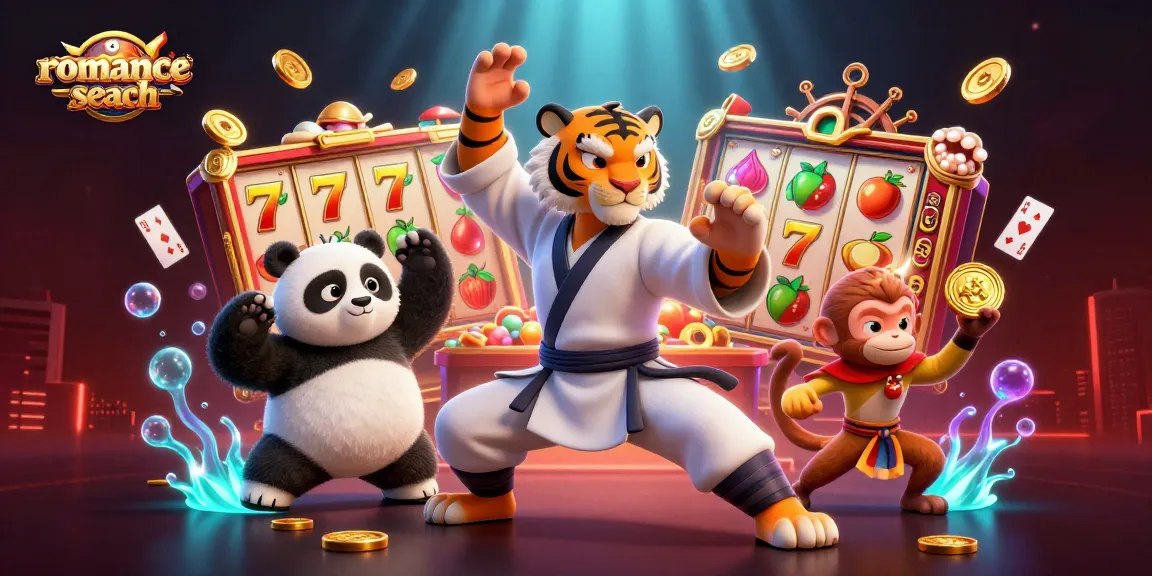 Engage in winning spins with romance-search as a kung fu tiger master leads a panda and monkey in a vibrant casino scene.