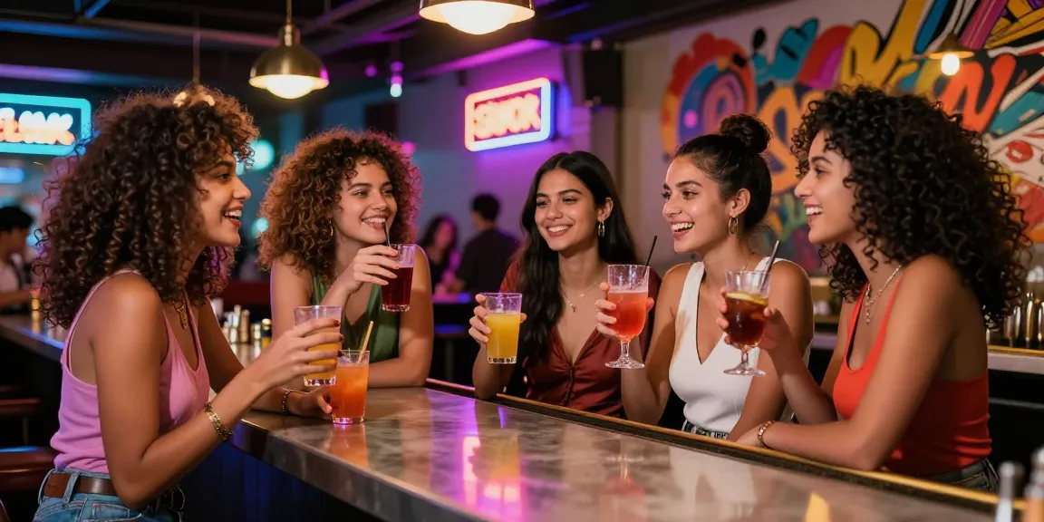 Nhóm gái gọi vui vẻ trong quán bar hiện đại, thể hiện phong cách thời trang.