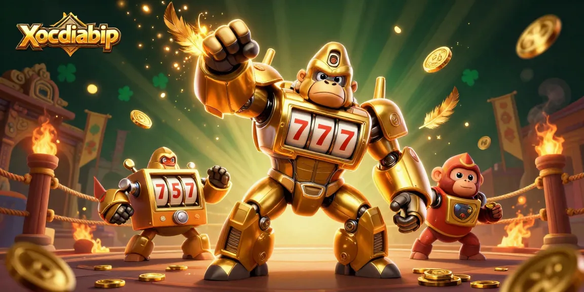 xocdiabip unleashes thrilling action with a golden gorilla mech surrounded by vibrant casino elements.
