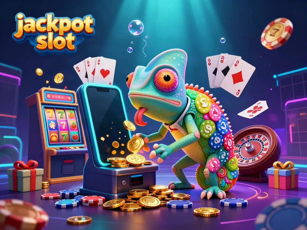 Experience excitement with jackpot slot visuals, featuring a vibrant chameleon casino owner and golden coins.