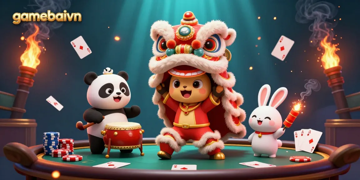 Play poker with gamebaivn featuring a colorful lion dance and exciting game elements in a vibrant scene.